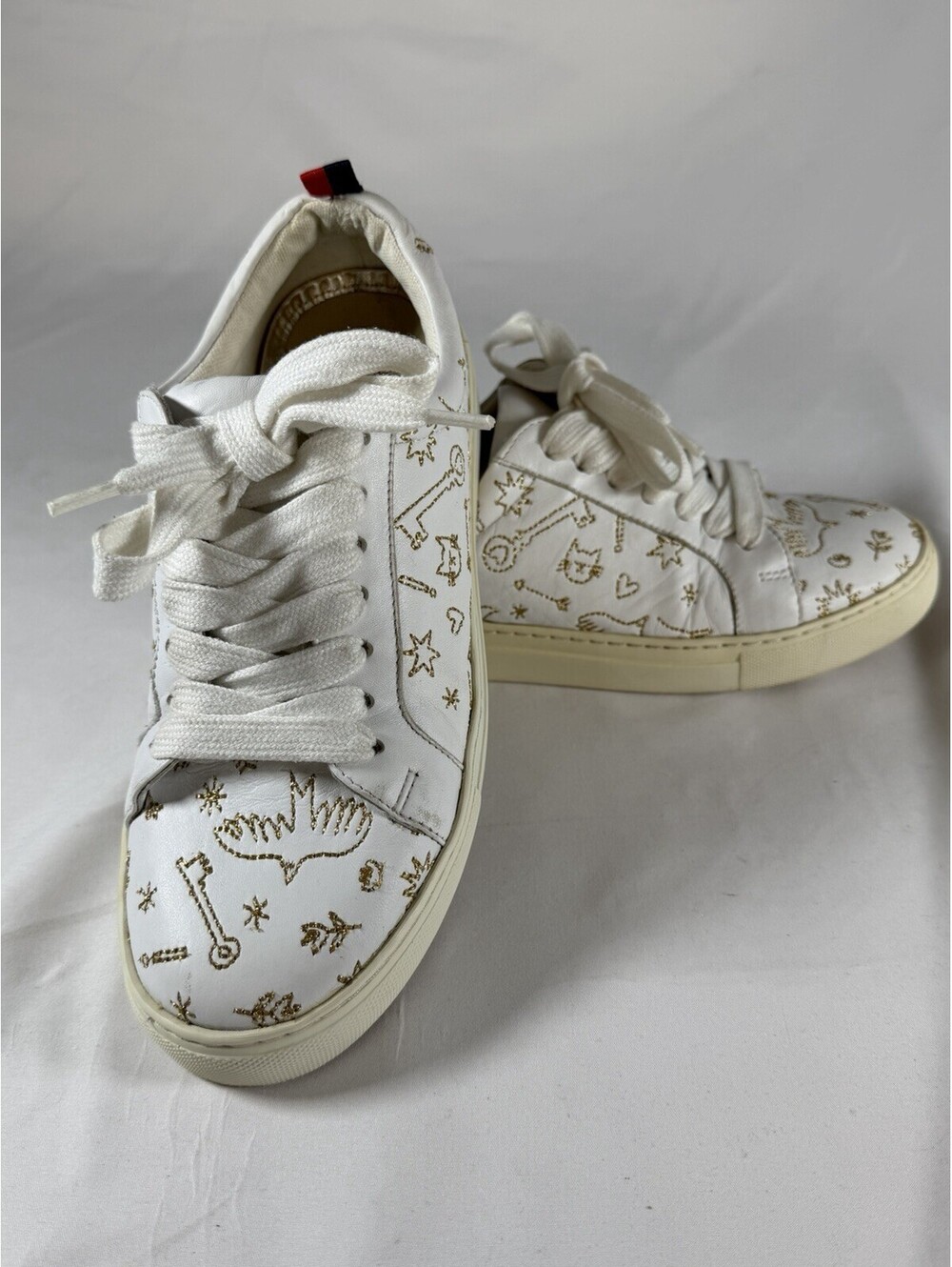 Boden White Leather Sneakers with Gold Embroidered Doodle Motif 38